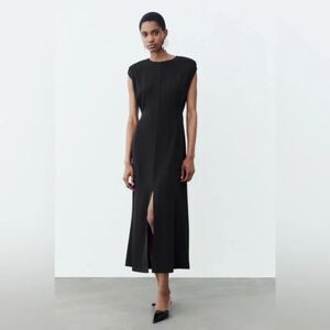 Black Zara Shoulder Pad Cap Sleeve Round Neck Front Slit Midi Dress (NWT)